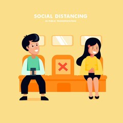 Flat style vector illustration. Social distancing in public transport. 