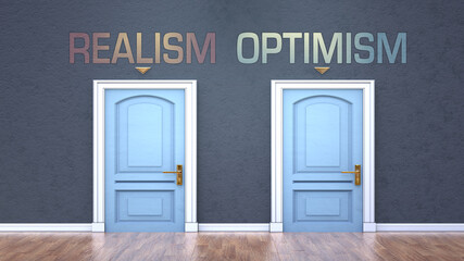 Realism and optimism as a choice - pictured as words Realism, optimism on doors to show that Realism and optimism are opposite options while making decision, 3d illustration