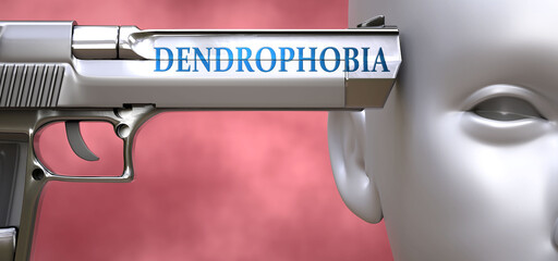 Dendrophobia can be dangerous for people - pictured as word Dendrophobia on a pistol terrorizing a person to show that it can be unsafe or unhealthy, 3d illustration