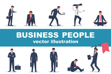Business people collection isolated on white background. Businessmen in various poses and gestures. Vector illustration flat design. Men in suits and with a suitcase.