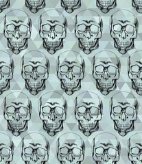 Hand drawn human skull seamless on the blue triangle background.