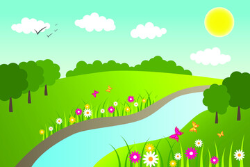 Naklejka premium Spring and summer valley and river background vector illustration.