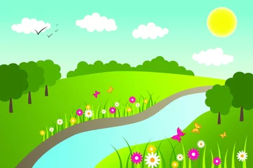 Fotobehang Spring and summer valley and river background vector illustration. © Alexandra