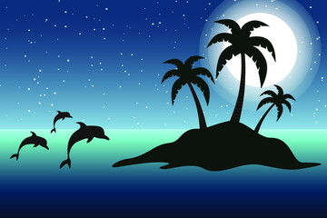Fototapeta na wymiar Desert island and dolphins in the moon light. Sea horizon vector illustration.