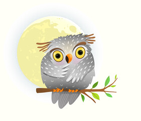 Cute owl sitting on the branch at full moon and starry sky, sweet baby bird eyes wide open at night. Watercolor style vector cartoon illustration for kids room decoration or nursery art.