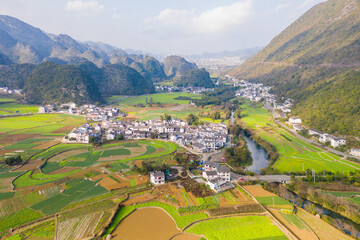 aerial view of village in the mountains