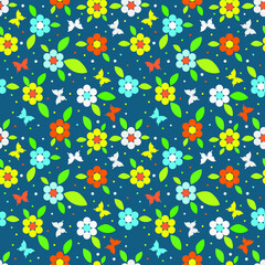 Minimal colorful flowers and leaves seamless patten. Vector illustration.