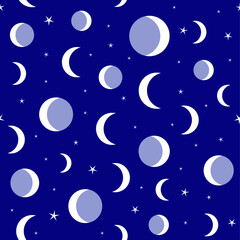 Obraz na płótnie Canvas Moon and stars on blue romantic background seamless pattern. Vector illustration. 
