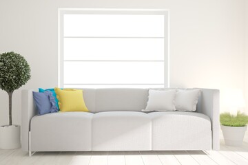 modern room with plant in white pot,sofa with pillows and lamp interior design. 3D illustration