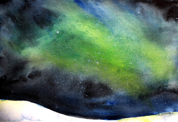 water color landscape with Northern lights in the sky