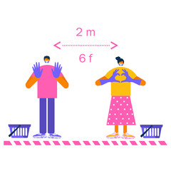 Social distance in supermarket, people in line with shopping carts. Coronavirus prevention measures. Vector illustration in flat style