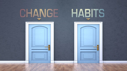 Obraz na płótnie Canvas Change and habits as a choice - pictured as words Change, habits on doors to show that Change and habits are opposite options while making decision, 3d illustration
