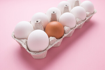 Tray with chicken eggs on a pink background. A brown egg among white. The concept of individuality.