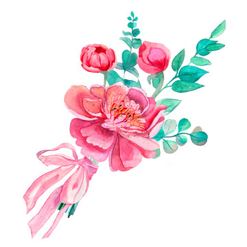 Bright cute elegant bouquet with watercolor peonies and green leaves.