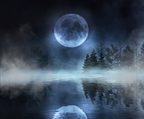 Fototapeta na wymiar Темный холодный пейзаж с рекой. Зимний фон, отражение на воде лунного света. Драматическая сцена, дым, смог, туман, снег.
