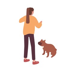 Active female pet owner training her dog vector isometric illustration. Colorful woman playing with cute domestic animal isolated on white background. Girl coaching doggy to performing command