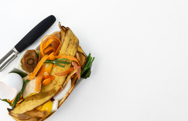 Organic waste in a plate on a white background. Near a vegetable cutter. Vegetable scraps, peel of banana, carrots, kiwi, lemon, pumpkin seeds, eggshell. flatlay, copy space. Selective focus