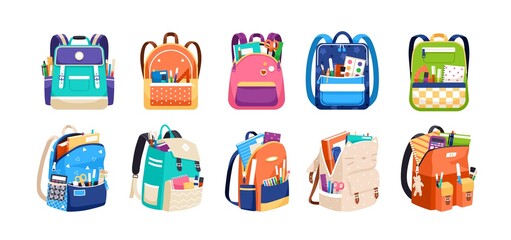 Set of childish school backpacks and schoolbags vector illustration. Collection of various kids bags with stationery, notebooks and textbooks isolated on white. Stylish accessories different shapes - obrazy, fototapety, plakaty