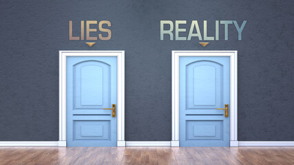 Lies and reality as a choice - pictured as words Lies, reality on doors to show that Lies and reality are opposite options while making decision, 3d illustration