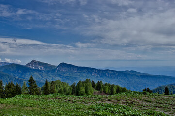 Obraz premium Scenery of the Greater Caucasus Mountains, Georgia. In the background is the mountains Jvari and Migaria.