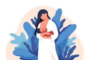 Caring mother feeding baby with breast vector flat illustration. Colorful lovely mom holding infant at abstract leaves background isolated on white. Concept of breastfeeding and maternity