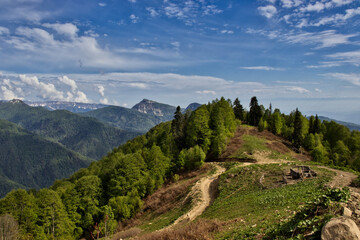 View of the Greater Caucasus Mountains, Georgia. In the background are the mountains Jvari and Migaria.