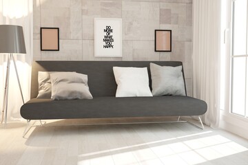 Fototapeta premium modern room with wooden wall,black sofa with pillows,frames and lamp interior design. 3D illustration