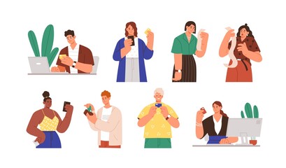 Set of diverse people with payment receipts and bank cards vector flat illustration. Collection of man and woman online cashless paying, having large amount at invoice isolated on white background