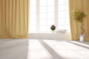 modern room with yellow curtains,plants in pots and magazines interior design. 3D illustration