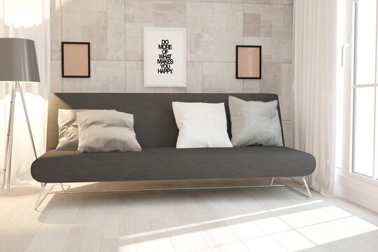 modern room with wooden wall,black sofa with pillows,frames and lamp interior design. 3D illustration