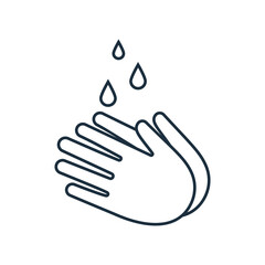 To wash hands black line icon. Drops of water or disinfection on hands. Vector illustration flat design. Personal hygiene. Disinfection, skin care. Antibacterial washing.