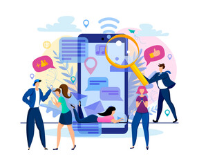 Vector illustration with flat people characters chatting in social networks. Man and woman communicating online with mobile devices. Concept of global internet community and networking.