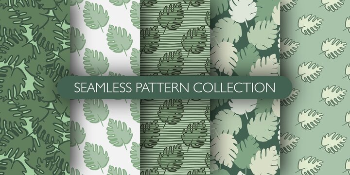 St of jungle exotic monstera leaves seamless pattern. Tropical leaf wallpaper collection.