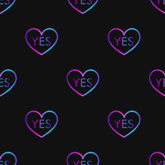 Seamless pattern with neon heart with word yes on black background. Violet, pink and blue gradient. Stock illustrtaion for web, print, holiday cards and invitations, wallpaper