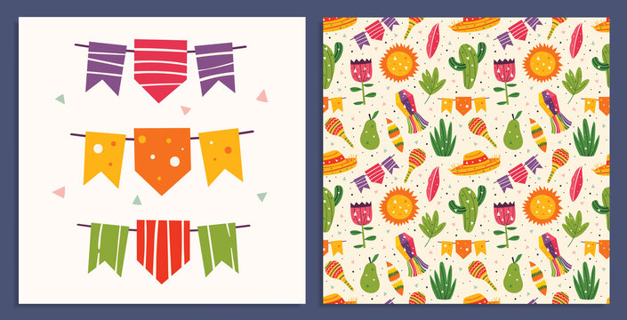 Mexico holiday. Little cute decor, sombrero, maracas, cactus, sun, flags, pear, leaves and grass. Mexican party. Latin America. Flat colourful vector seamless pattern, texture, background. Card making