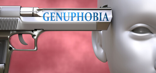 Genuphobia can be dangerous or deadly for people - pictured as word Genuphobia on a pistol terrorizing a person to show that Genuphobia can be unsafe for mental or physical health, 3d illustration