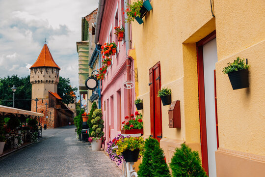 Medieval old town, Carpenters tower and Cetatii street in Sibiu, Romania
