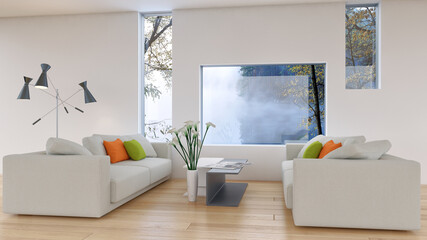 Large luxury modern minimal bright interiors room mockup illustration 3D rendering