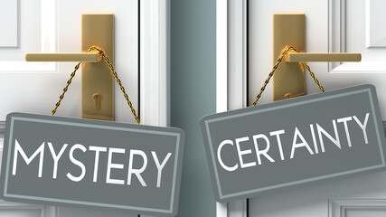 certainty or mystery as a choice in life - pictured as words mystery, certainty on doors to show that mystery and certainty are different options to choose from, 3d illustration - obrazy, fototapety, plakaty