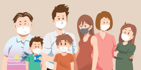 People wearing medical masks to prevent a pandemic, flu, air pollution, contaminated air, world pollution. Flat Vector illustration.