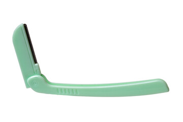 Cosmetic tools. Close-up of a green eyebrow razor isolated on a white background. Beauty concept. Macro.