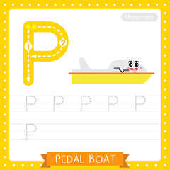 Letter P uppercase tracing practice worksheet of Pedal Boat