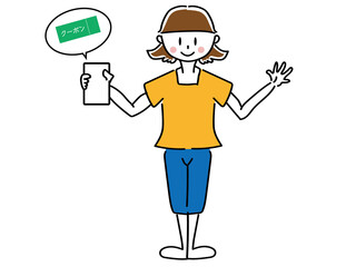 スマホでクーポンを取得するシンプルな主婦女性母親女性のベクターで描いたイラスト素材