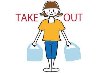 テイクアウトをしているシンプルな主婦女性母親女性のベクターで描いたイラスト素材