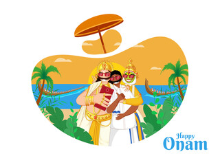 Illustration of King Mahabali with Kathakali Dancer, South Indian Man Selfie Together From Smartphone and Aranmula Boat Race on Beautiful Sea Nature Background for Happy Onam Celebration.
