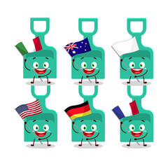 Sand shovel cartoon character bring the flags of various countries