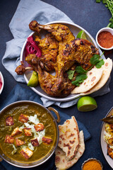 Indian cuisine dinner: tandoori chicken, biryani