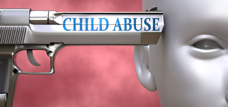 Child Abuse Can Be Dangerous Or Deadly For People - Pictured As Word Child Abuse On A Pistol Terrorizing A Person To Show That Child Abuse Can Be Unsafe For Mental Or Physical Health, 3d Illustration