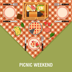 Vector family picnic flat glade illustration. Food and pastime icons. Flat. Food object, picnic items. Design of invitation card. Creative holiday banner . Natural ingredients on tablecloth .