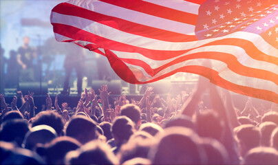 United States flag - crowd celebrating 4th of July Independence Day.